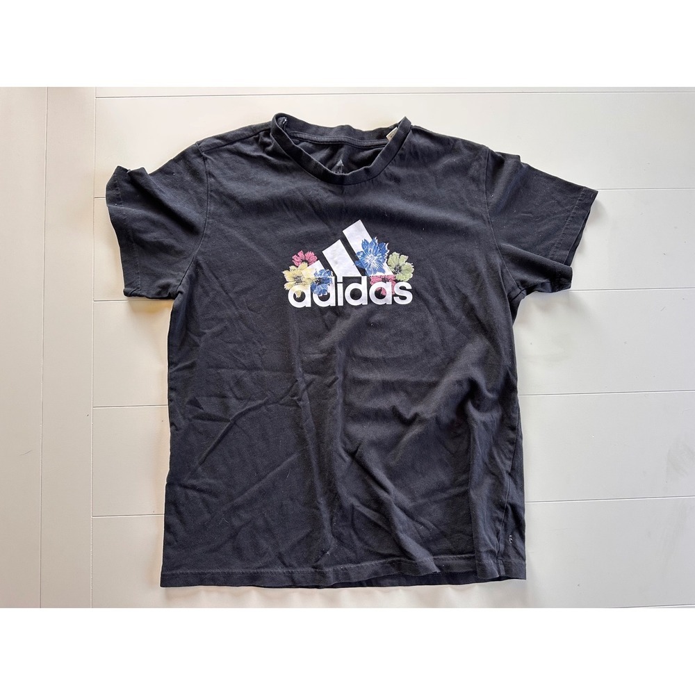 Adidas Womens Graphic T-Shirt Black Short Sleeve Crew Neck Logo Tee Large L